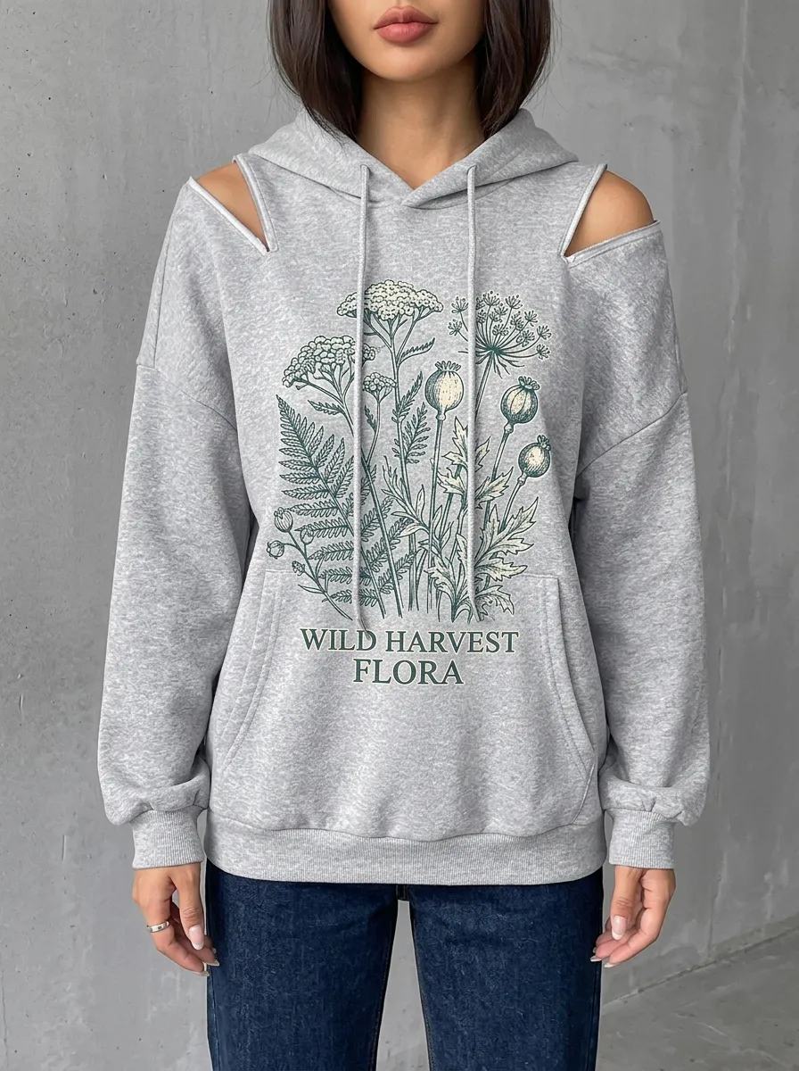Women's Botanical Nature Wild Harvest Flora Graphic Cold-Shoulder Hoodie