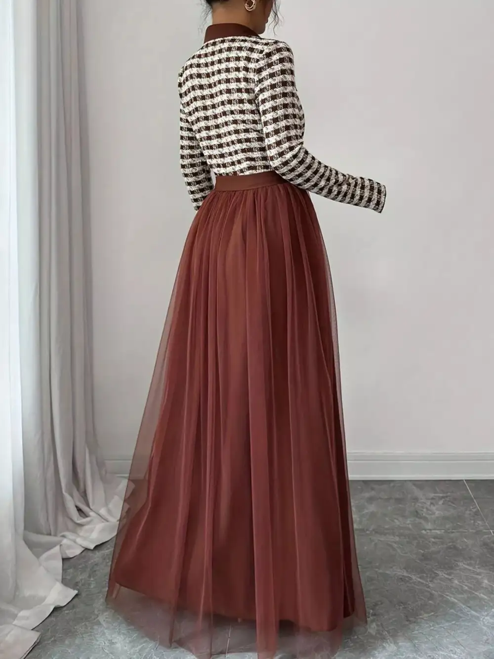 Plaid Tulle Long Sleeve Maxi Dress