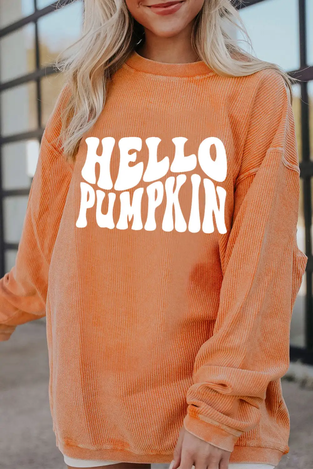 HELLO PUMPKIN Letter Graphic Corded Sweatshirt