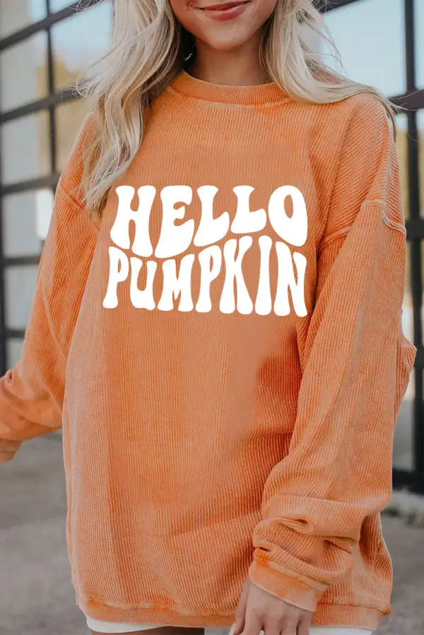 HELLO PUMPKIN Letter Graphic Corded Sweatshirt