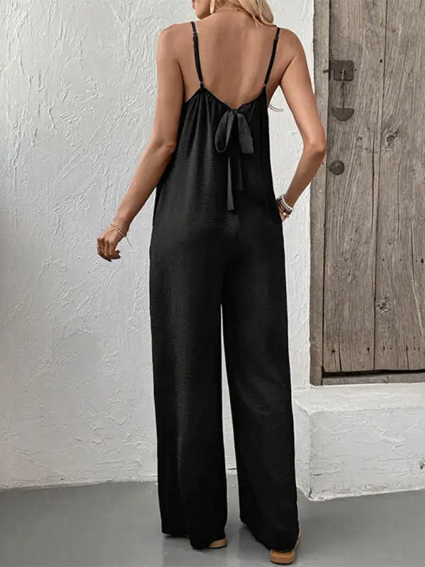 Sleeveless Casual Lace Stitching Suspenders Wide Jumpsuit