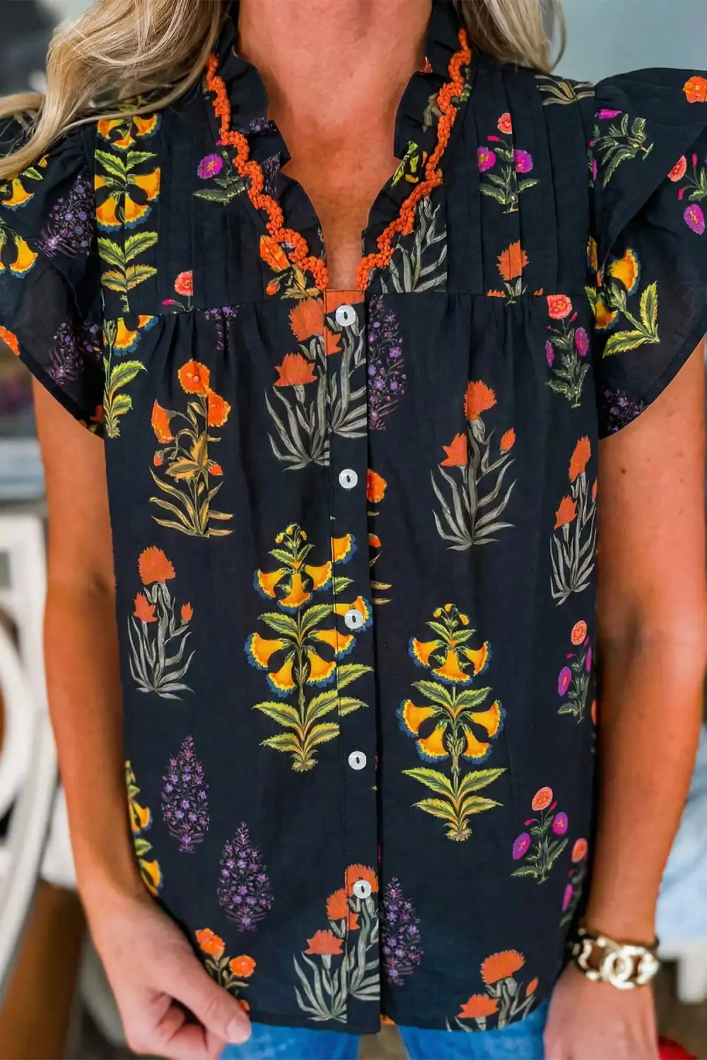 Print Lace Trim Frilled V Neck Short Sleeve Shirt