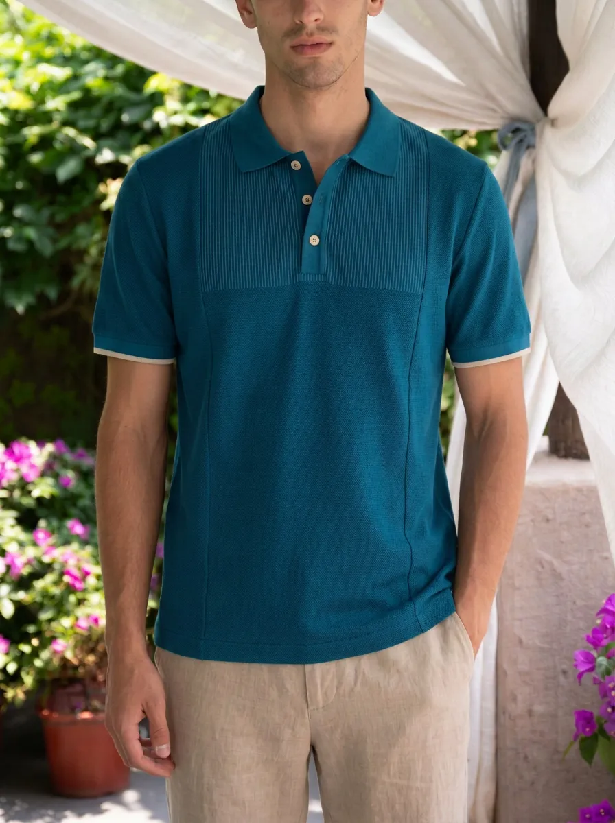 Men's Navy Blue Ribbed Panel Textured Polo Shirt