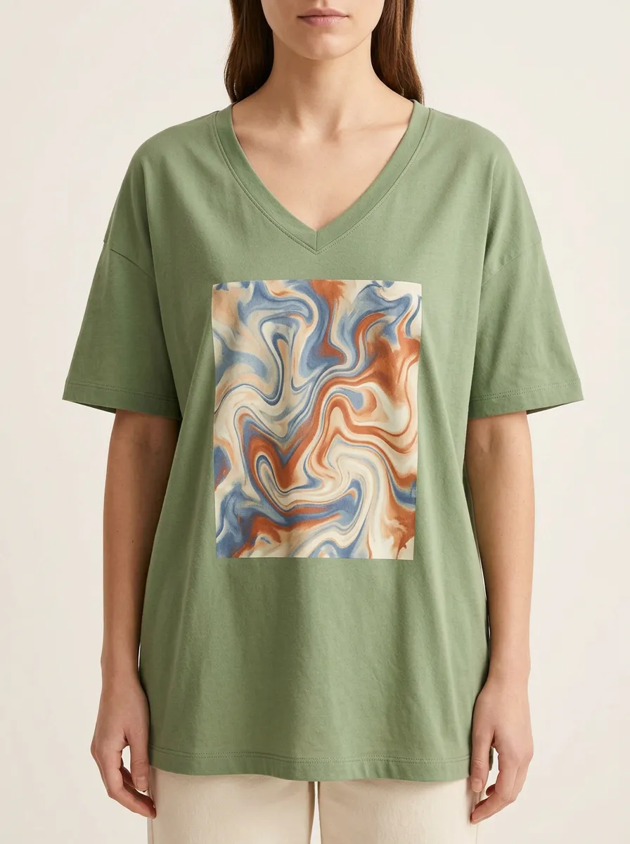 Women's Abstract Art Marble Swirl Printed V-Neck T-Shirt