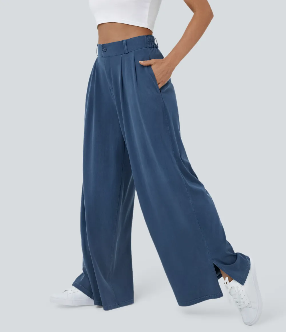 High Waisted Button Zipper Plicated Side Pocket Split Hem Wide Leg Casual Pants