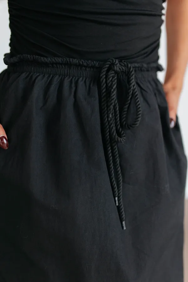 Cotton Slit Drawstring Midi Skirt