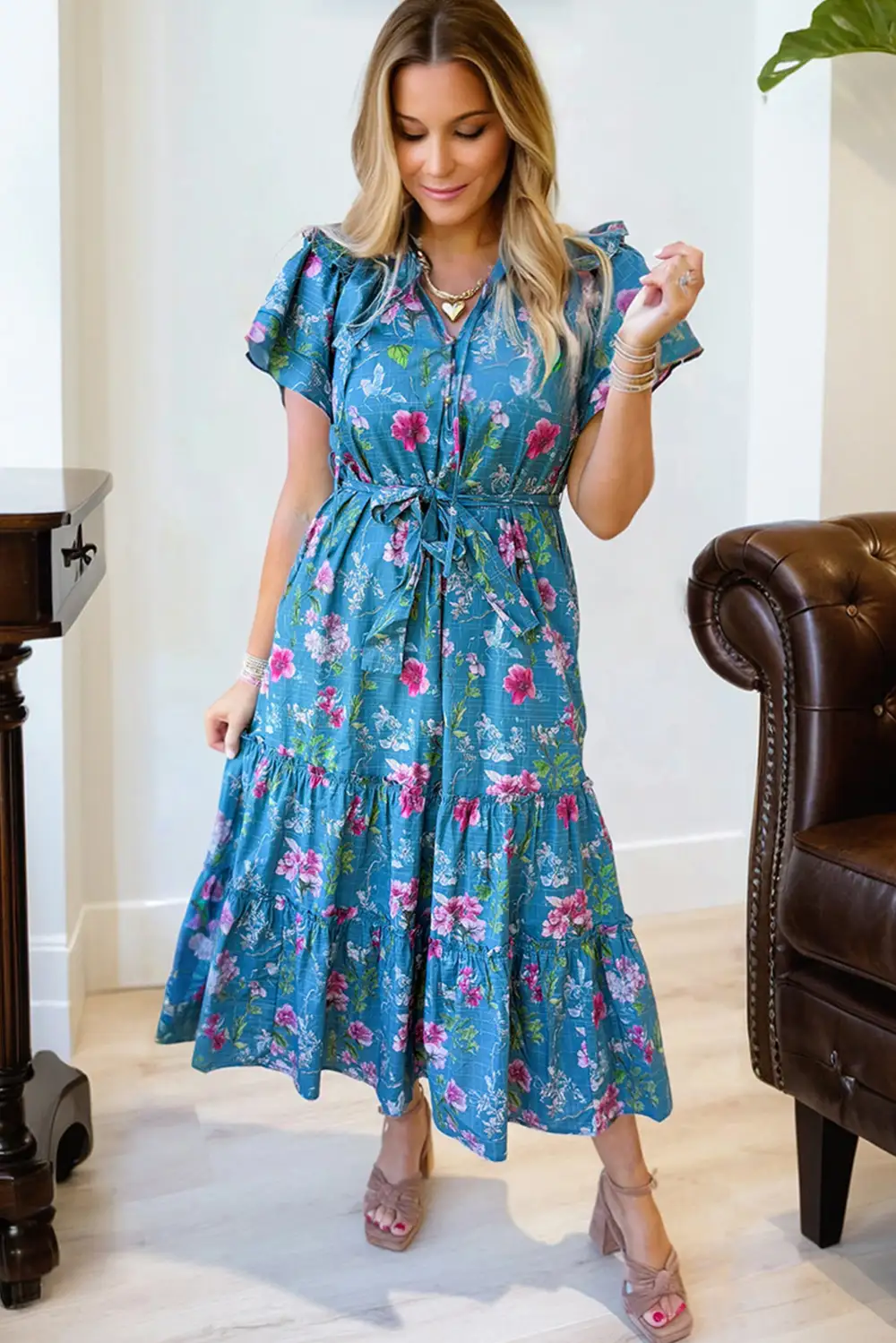 Floral Split Neck Tie Waist Dress Casual
