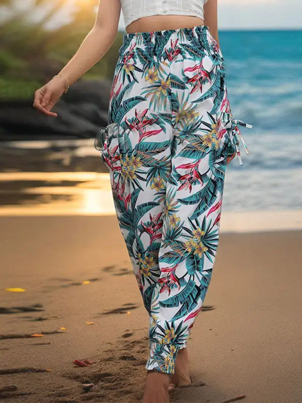 Work Pants Pocket Tropical Print Trousers Leggings