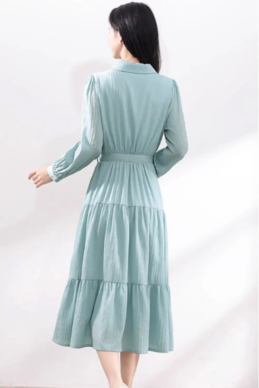 Polyester Shirt Tiered Lapel Collar Long Sleeve Midi Dress