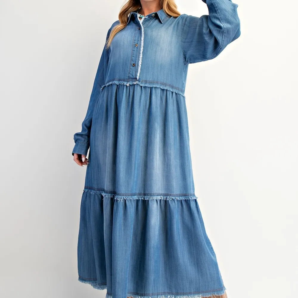 Denim Tiered Long Sleeve Button Front Dress