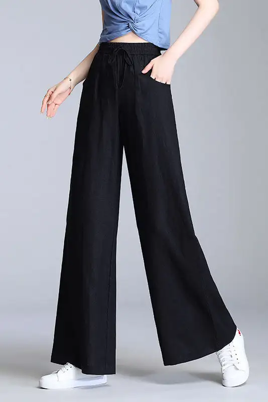 Polished Linen Wide Leg High Waist Pocketed Trousers
