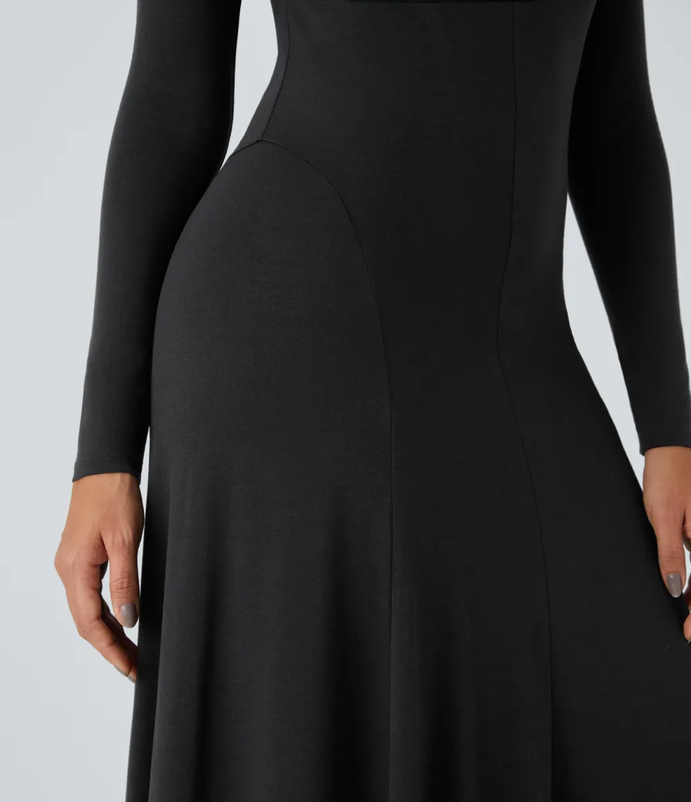 Cowl Neck Long Sleeve Flowy Flare Maxi Casual Dress