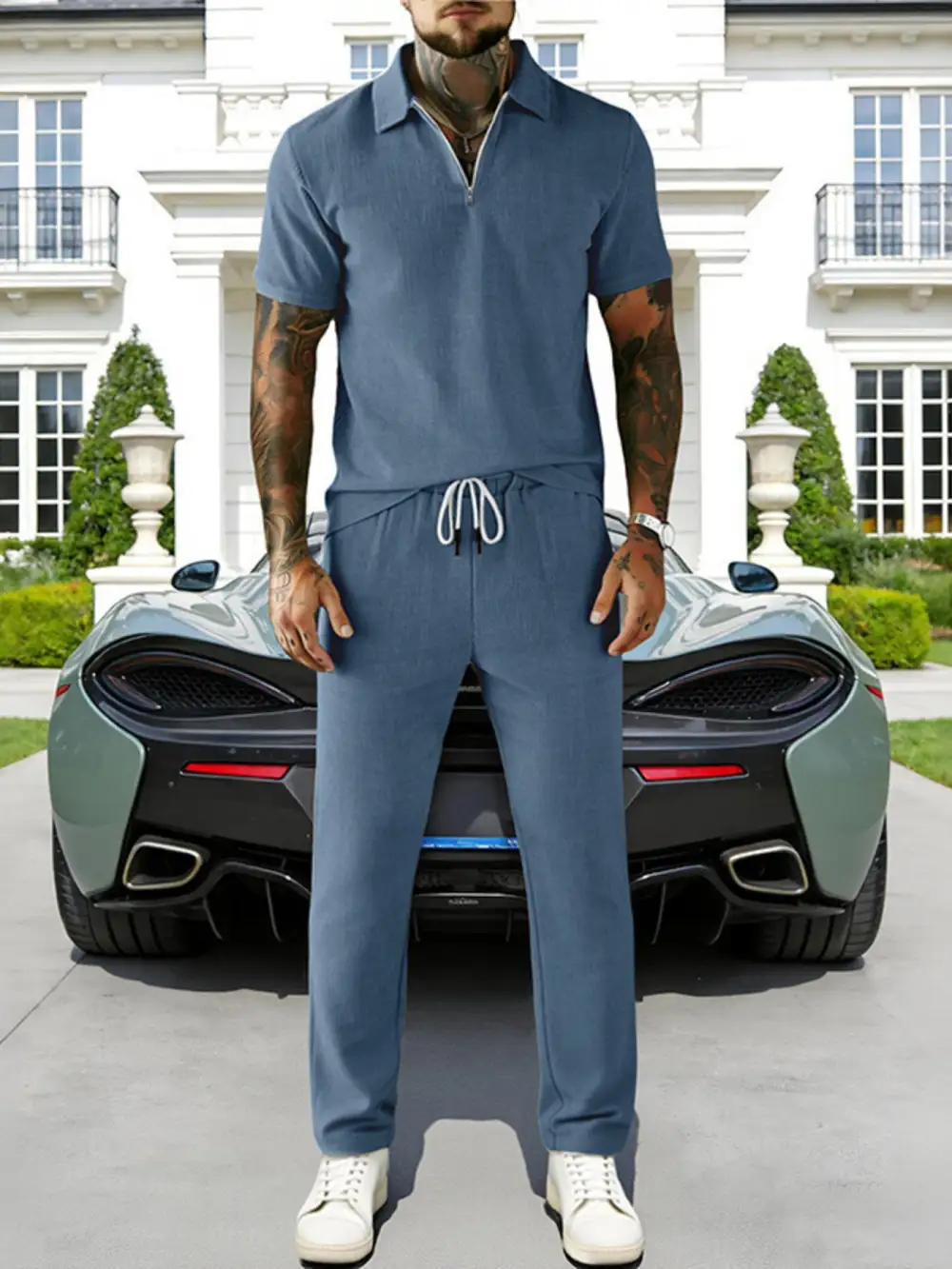 Men's Full Size Casual Zipper Polo Shirt and Pant Set
