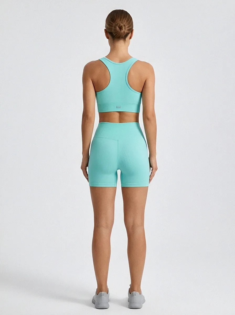Streamlined Ribbed Texture Seamless Design Look Women's Tank Top And Sports Shorts Set