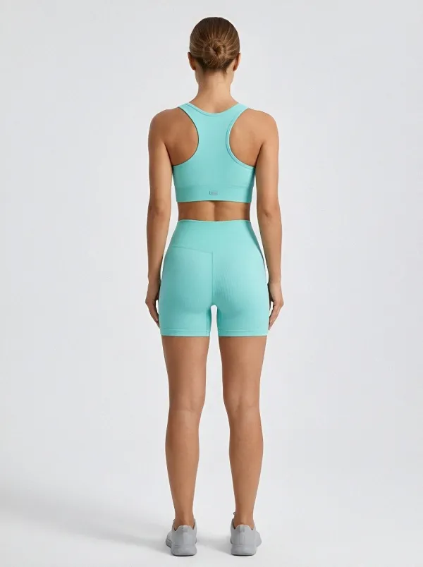 Streamlined Ribbed Texture Seamless Design Look Women's Tank Top And Sports Shorts Set
