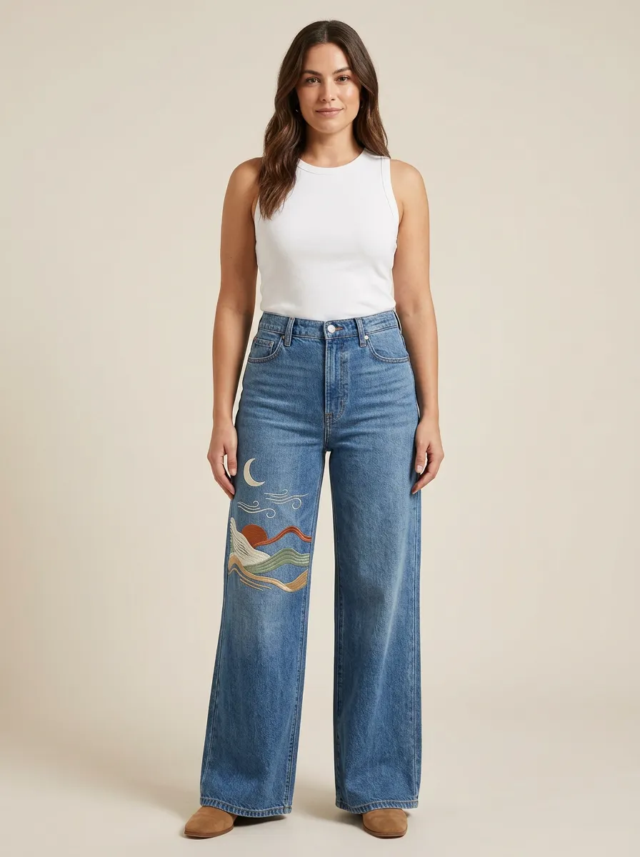 Women's Landscape Embroidered Wide-Leg Stretch Jeans