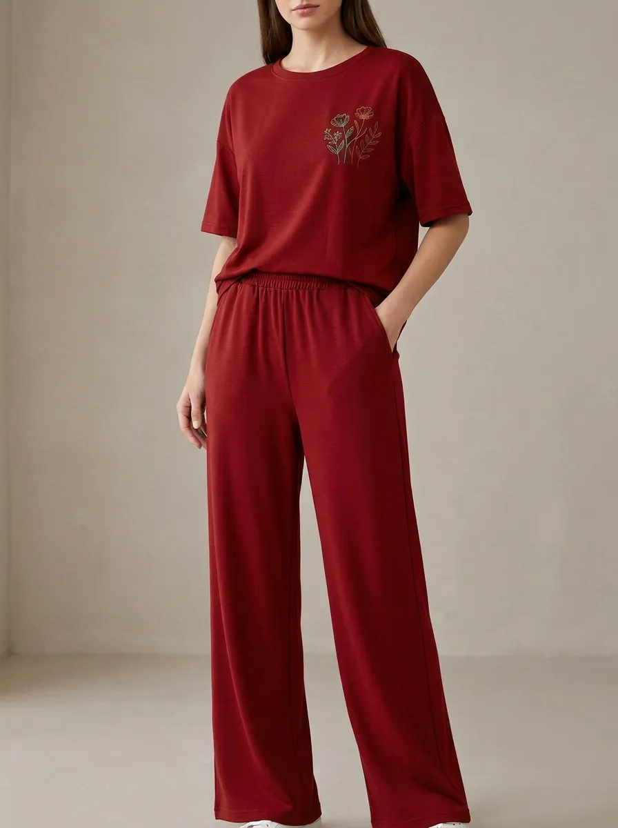 Women's Floral Embroidered Drop-Shoulder T-Shirt And Wide-Leg Trouser Lounge Set