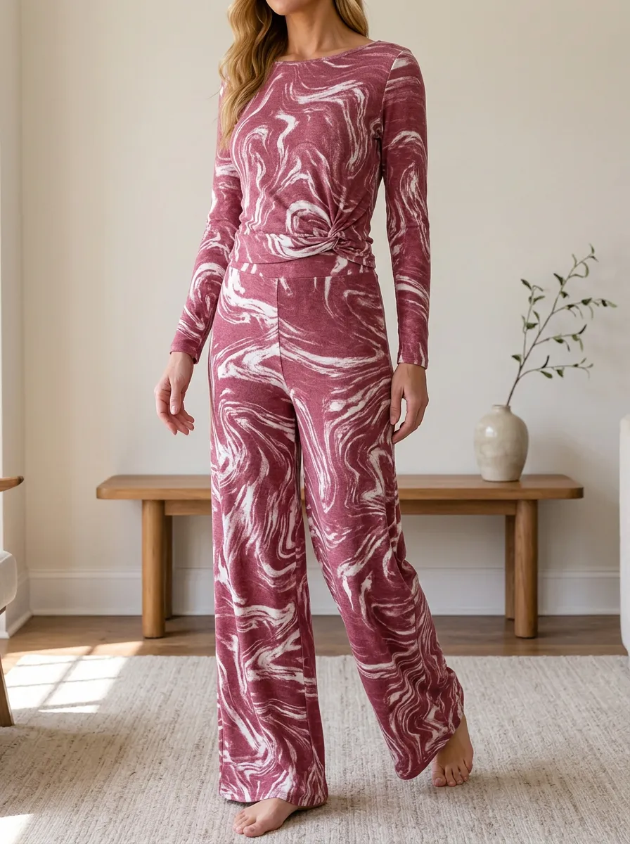 Women's Smart Casual Lounge Marbled Pattern Patterned Long Sleeve Wide Leg Pants Set