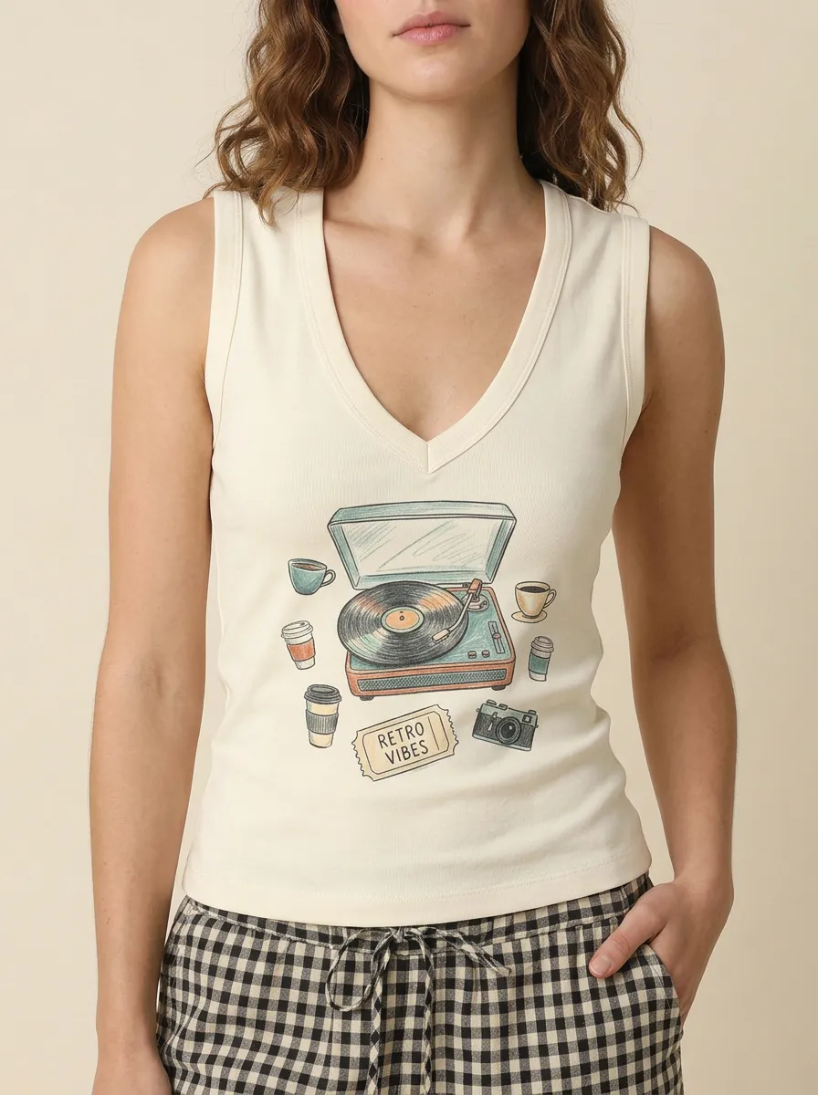 Women's Retro Music Coffee Vinyl Player Graphic Tank Top