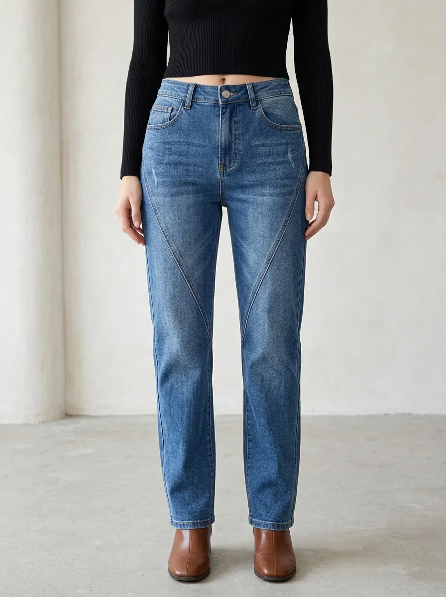 Women's High-Waisted V-Seam Distressed Blue Denim Jeans