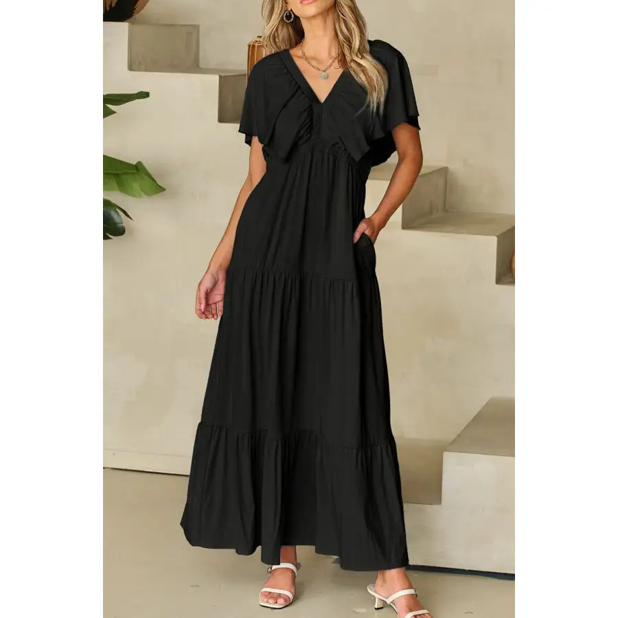 Ruffled V Neck Flutter Sleeve Maxi Dress