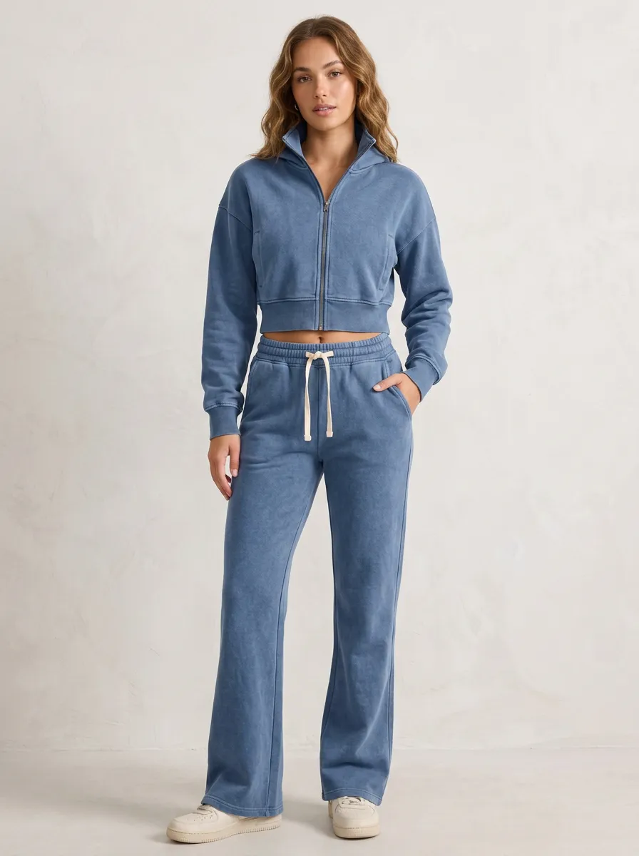 Women's Washed Sport Inspired Cropped Hooded Jacket and Flare Pants Active Set