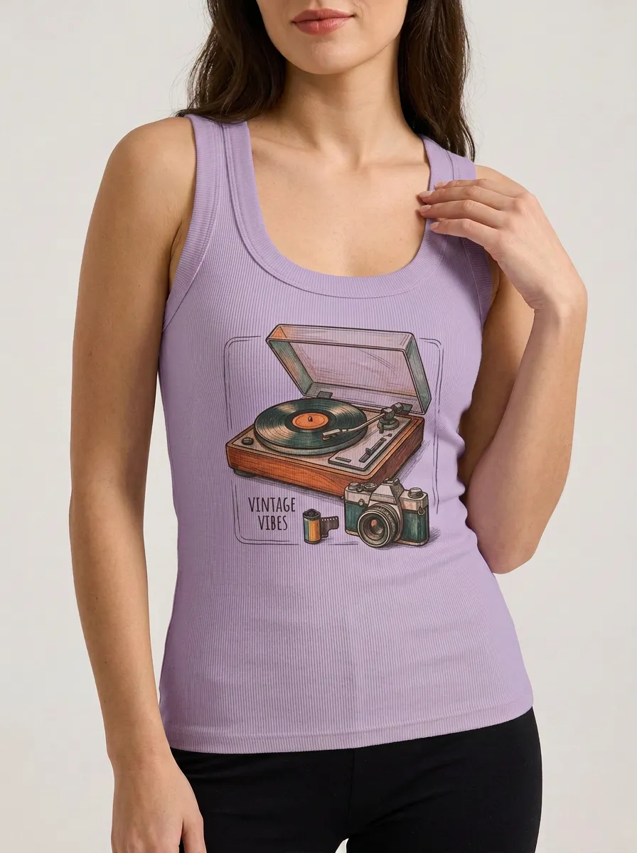 Women's Retro Music Lover Turntable Camera Printed Tank Top