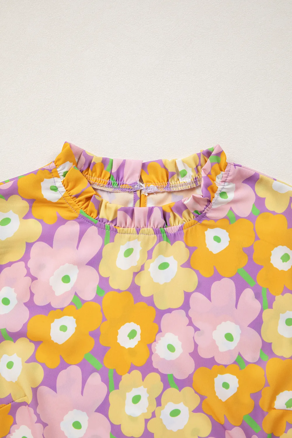 Purple Frilled Neck Puff Short Sleeve Top