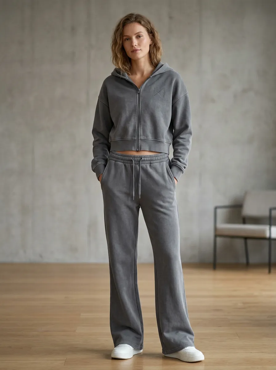 Women's Washed Minimal Cropped Hooded Jacket and Flare Pants Active Set