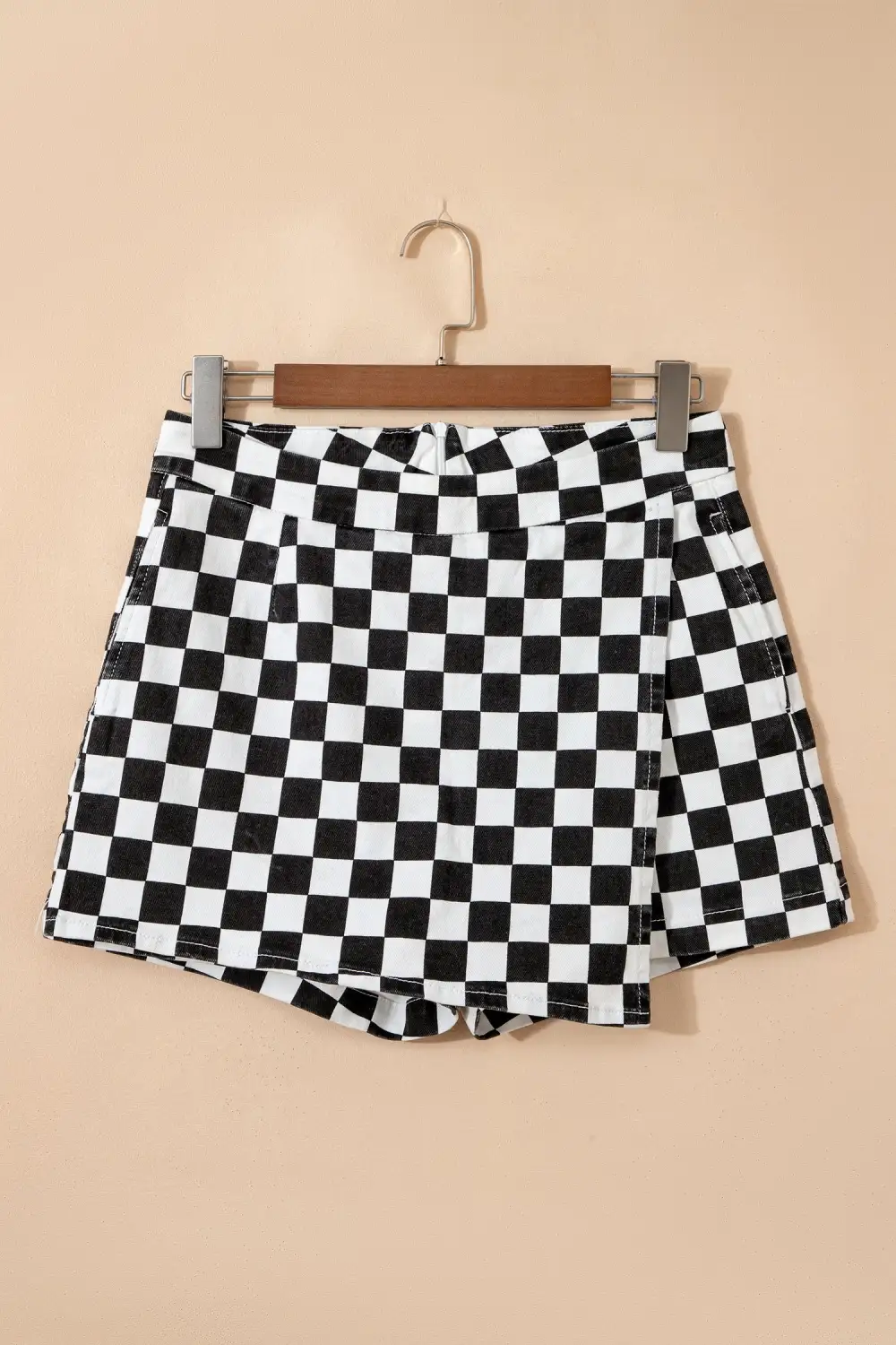 Checkered Print Overlap Denim Shorts