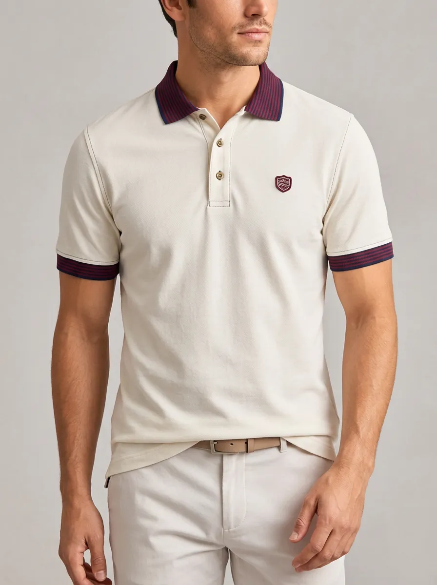 Men's Equestrian Lover Shield Logo Striped Collar Printed Polo Shirt