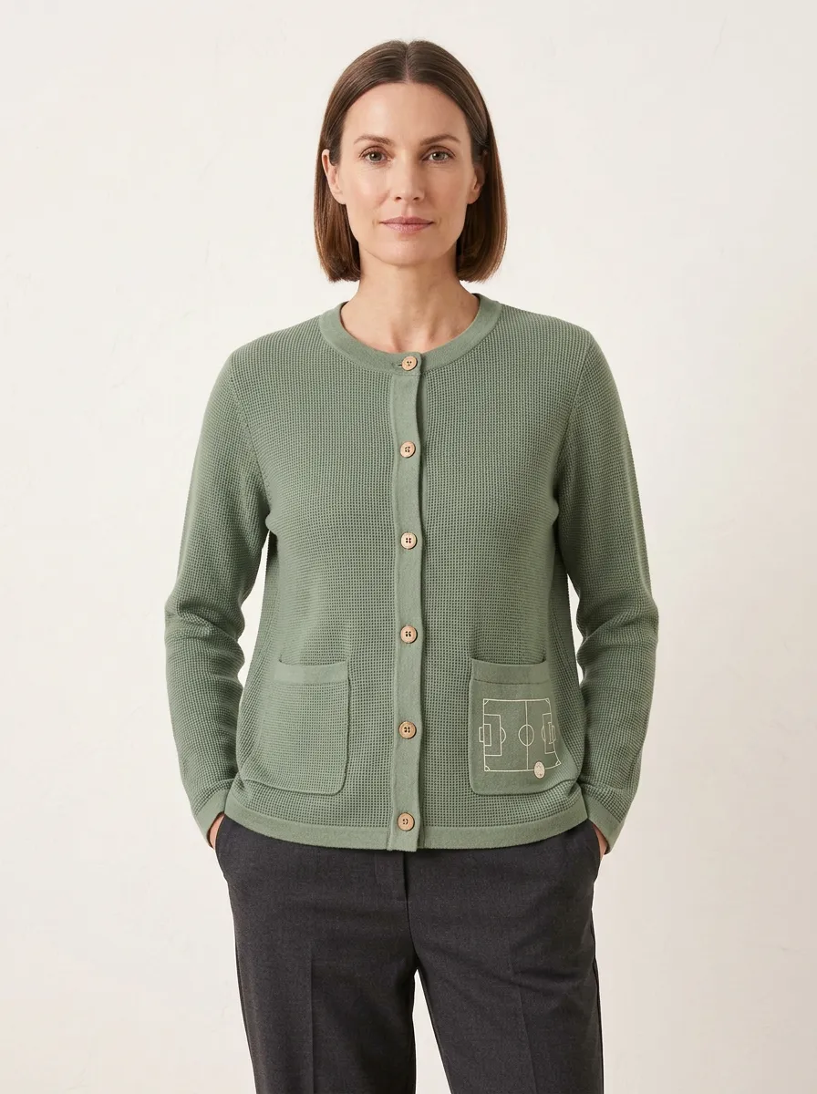 Women's Soccer Field Waffle-Knit Pocket-Graphic Cardigan