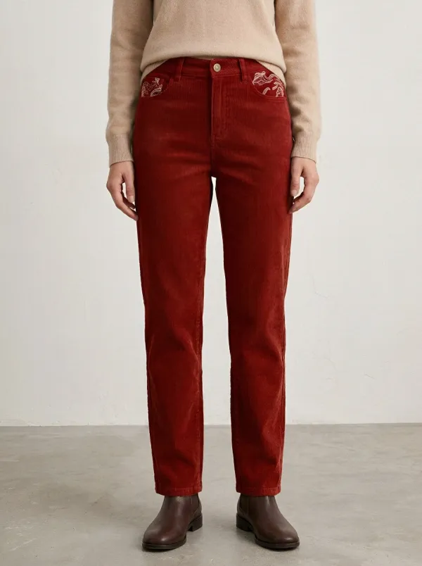 Women's Vintage Floral Pocket Printed Corduroy Pants