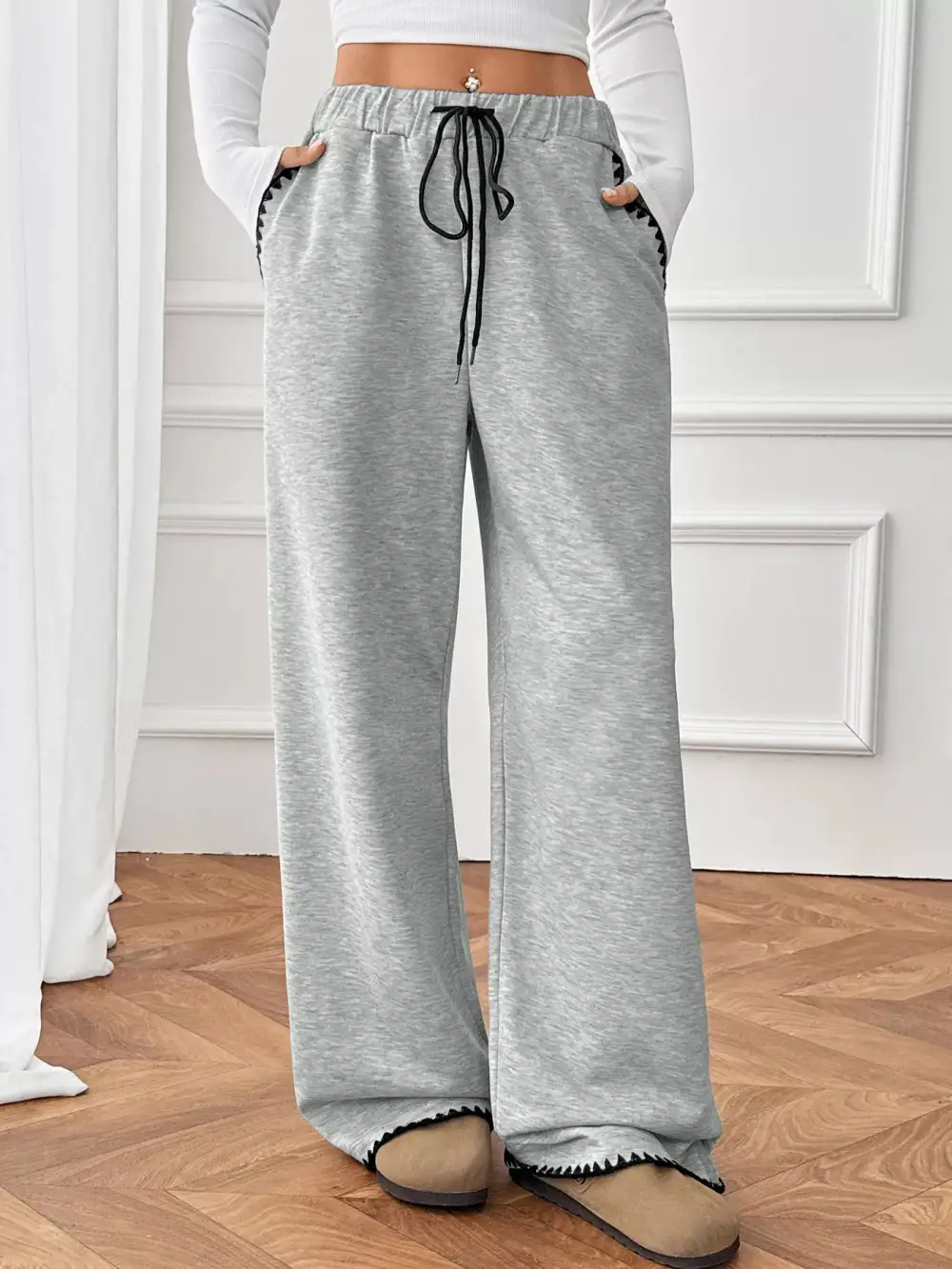 Textured Wide Leg Drawstring Pants