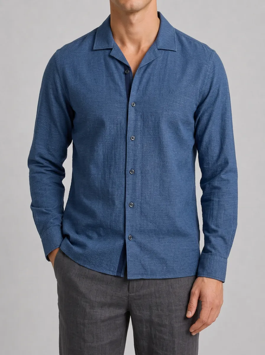 Men's Casual Blue Textured Long Sleeve Button Down Shirt