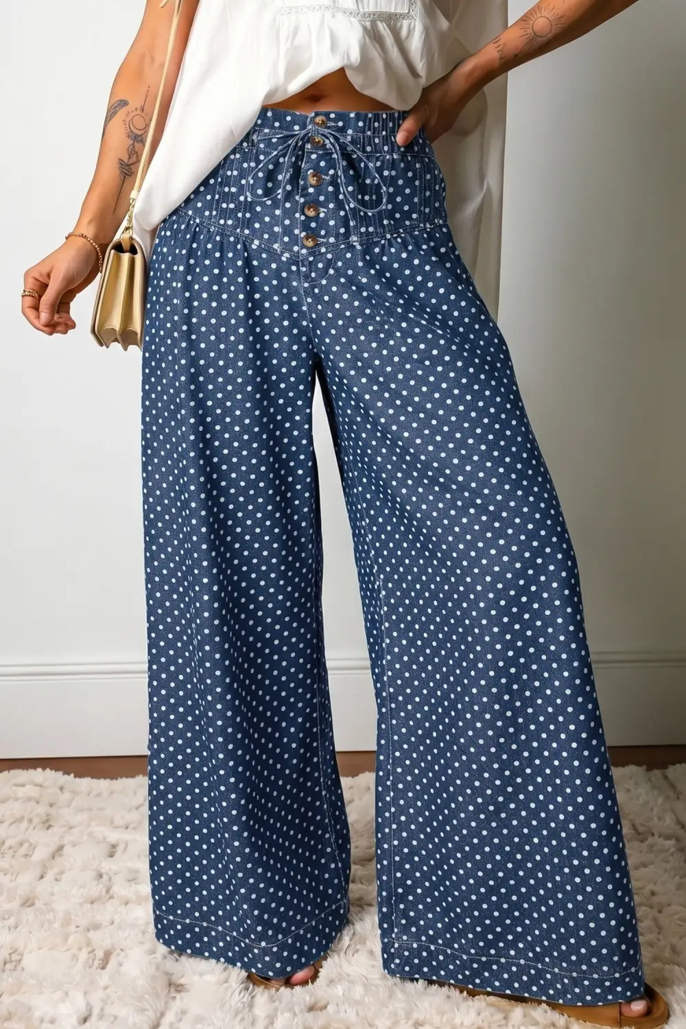 Women's Polka Dot Print Button Pleated Detail Wide Leg Jeans