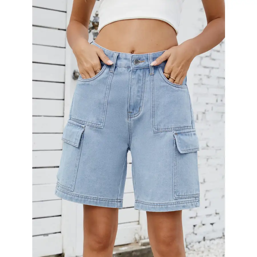 High Waist Pocketed Cargo Denim Shorts