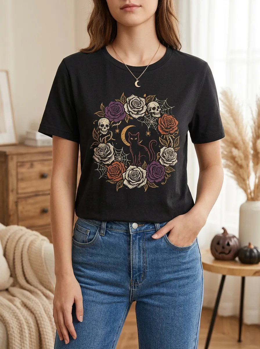Women's Halloween Gothic Cat Skull Rose Printed T-shirt