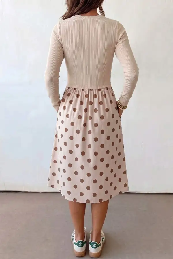 Women's Polka Dot Long Sleeve Midi Dress