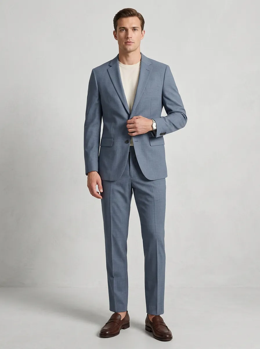 Men's Business Casual Dusty Blue Solid Tailored Suit Set