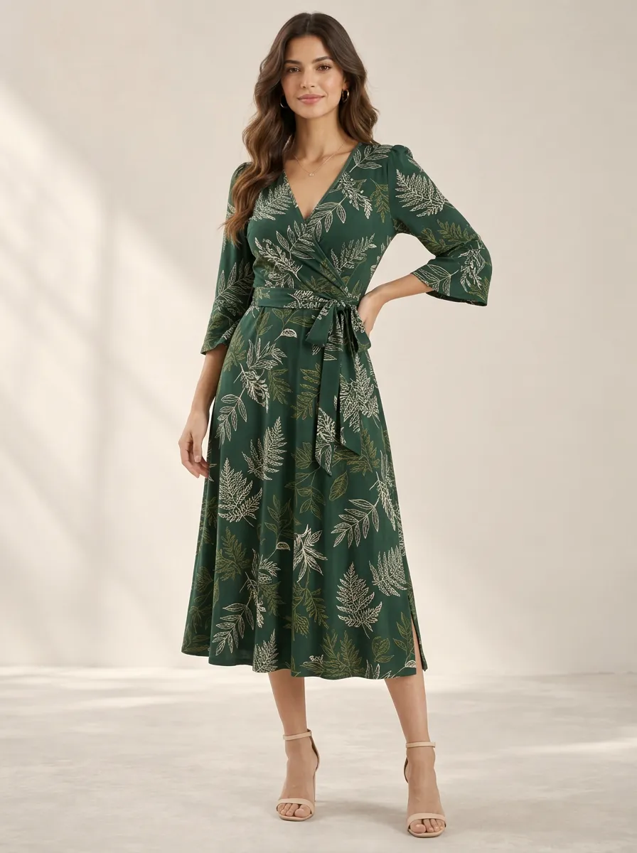 Women's Botanical Inspired Botanical Fern Wrap Printed Dress