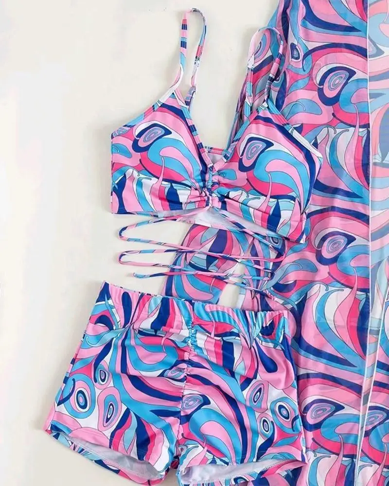 3PCS Abstract Print Drawstring Bikini Set With Cover Up