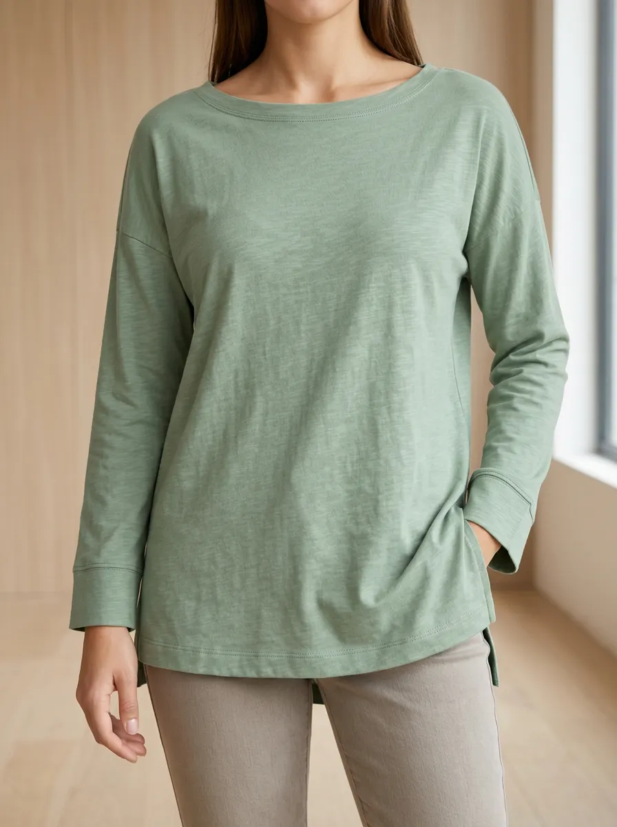 Women's Long Sleeve Tee with Boat Neck Ribbed Texture Detail