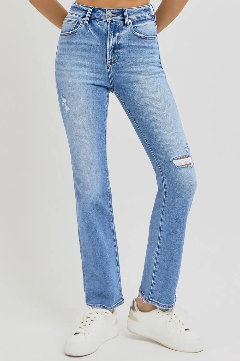 Distressed High Rise Ankle Straight Denim Jeans