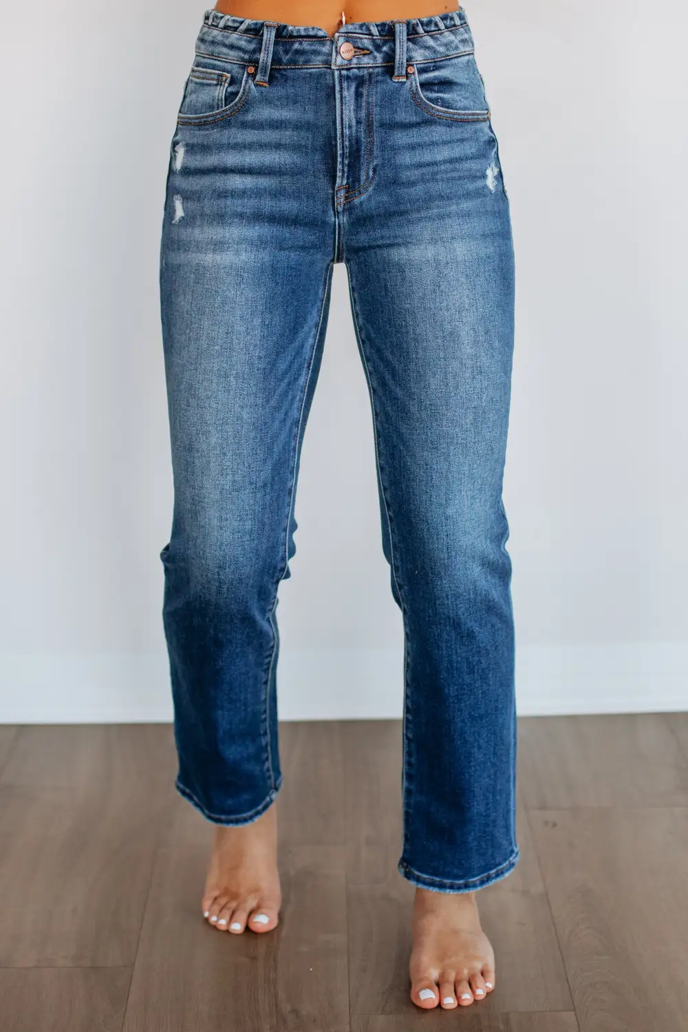 Women's High Rise Straight Leg Fading Whiskering Jeans