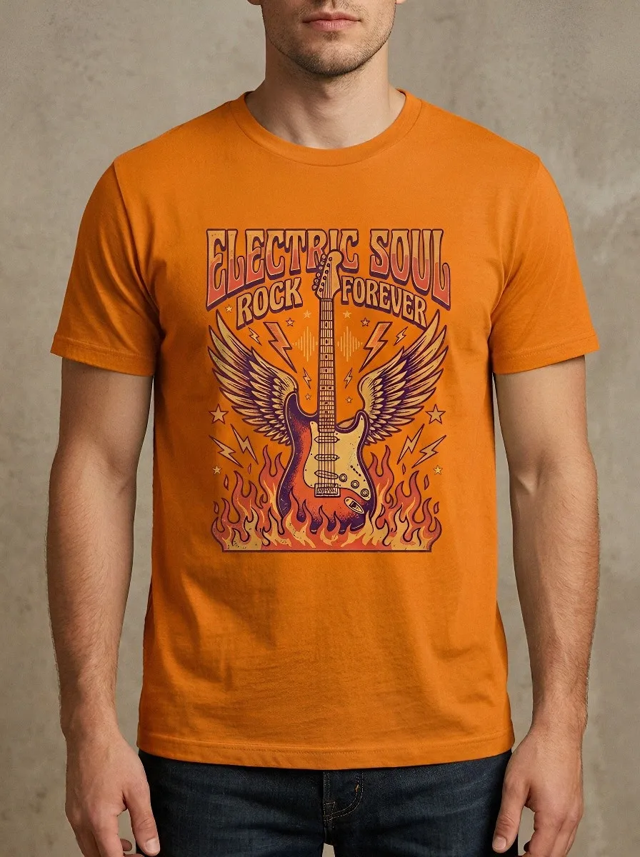 Men's Rock Music Lover Electric Guitar Wings Fire Printed T-shirt