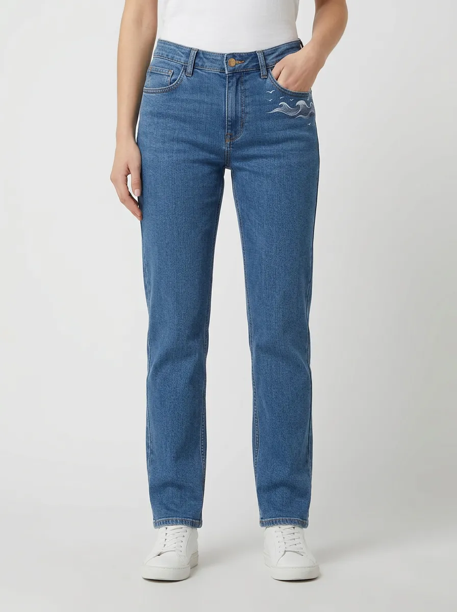 Women's Wave Embroidered Front-Pocket Mid-Rise Straight-Leg Jeans