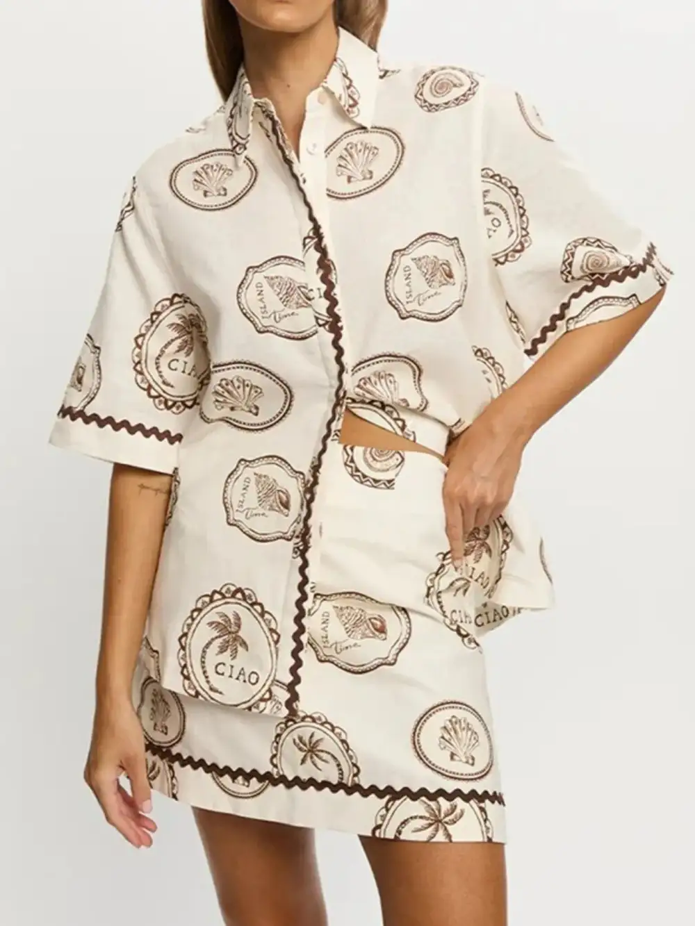 Fluid Button Front Printed Detail Coordinated Set