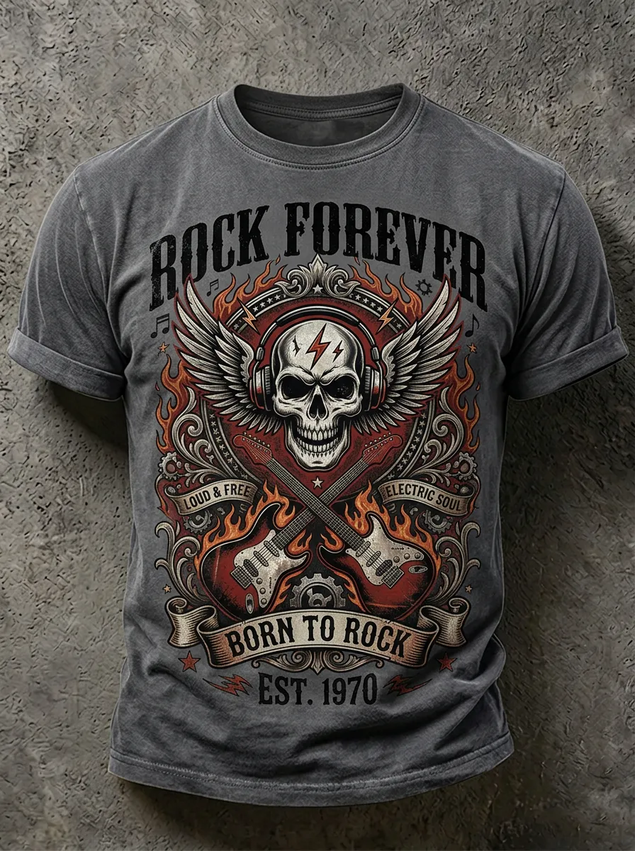 Men's Rock Music Lover Skull Guitar Wings Printed T-shirt