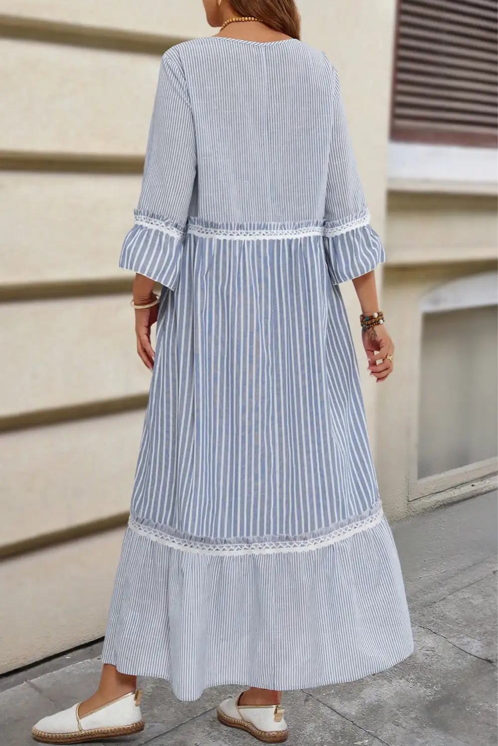 Sky Stripe Patchwork Crossed Lace Detail Bracelet Sleeve Maxi